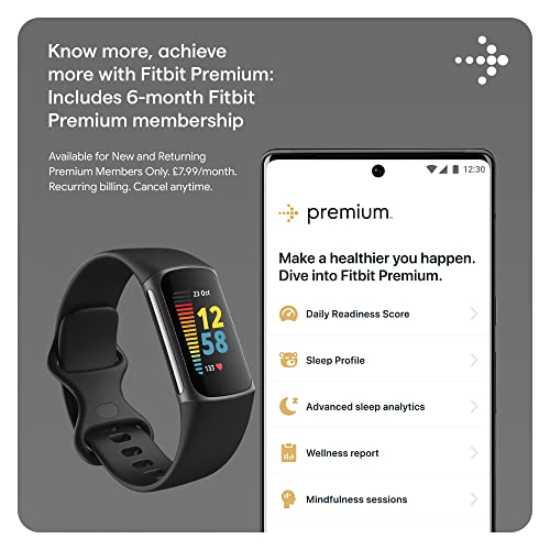 Fitbit Charge 5 Activity Tracker with 6-months Premium Membership Included, up to 7 days battery life and Daily Readiness Score, Black / Graphite Stainless Steel