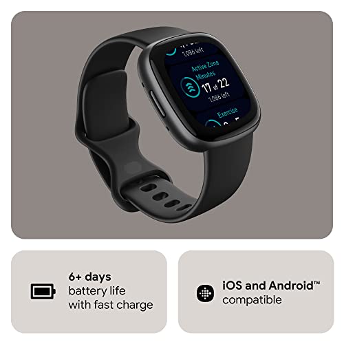 Fitbit Versa 4 Fitness Smartwatch with built-in GPS and up to 6 days battery life - compatible with iOS 15 or higher & Android OS 9.0 or higher, Black /Graphite Aluminium