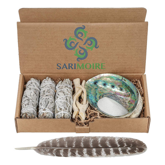 Sarimoire Sage Smudge Kit - White Sage Smudge Sticks - 4in ~ Abalone Shell 5-6in ~ 2in Tripod Stand ~ 9-12in Feather and White Sand