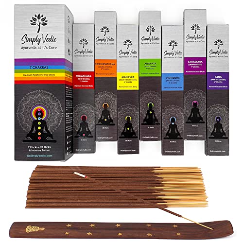 Simply Vedic 7-Chakra Premium 140 Incense Agarbatti Stick with Burner Lasting 60 Minutes Each for Meditation, Yoga, Reiki, Healing, Aromatherapy Energy Cleansing (20 Sticks x 7-Chakras)