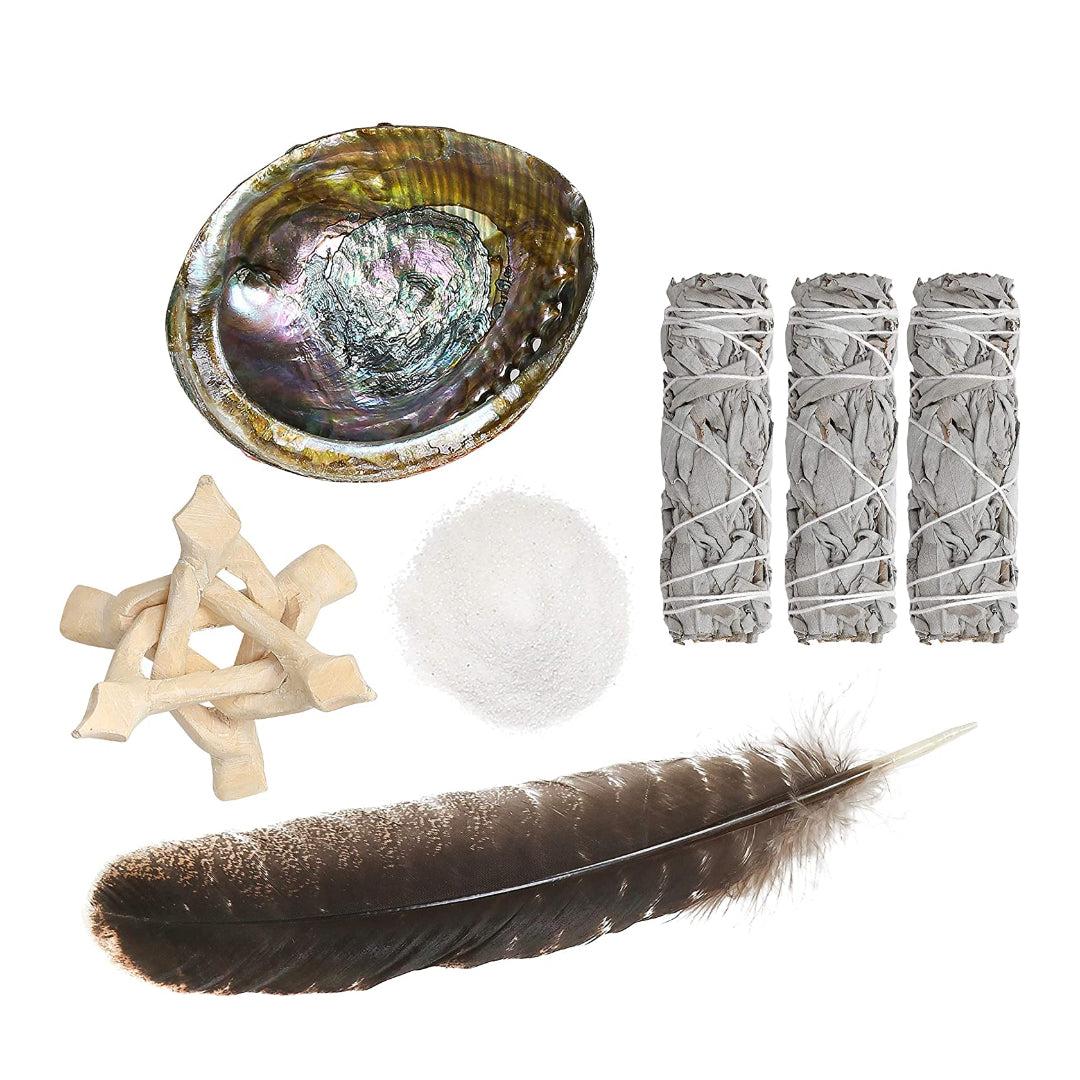 Sarimoire Sage Smudge Kit - White Sage Smudge Sticks - 4in ~ Abalone Shell 5-6in ~ 2in Tripod Stand ~ 9-12in Feather and White Sand