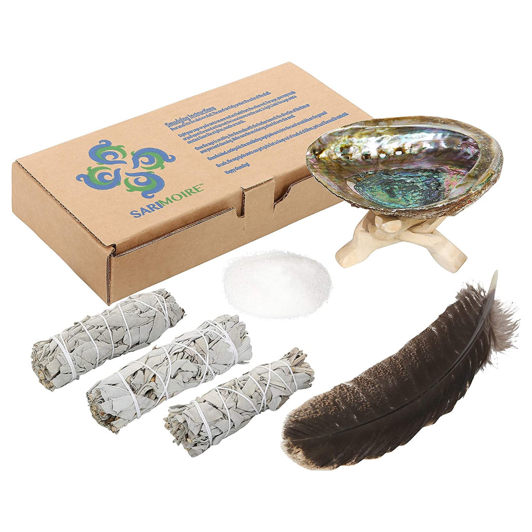 Sarimoire Sage Smudge Kit - White Sage Smudge Sticks - 4in ~ Abalone Shell 5-6in ~ 2in Tripod Stand ~ 9-12in Feather and White Sand